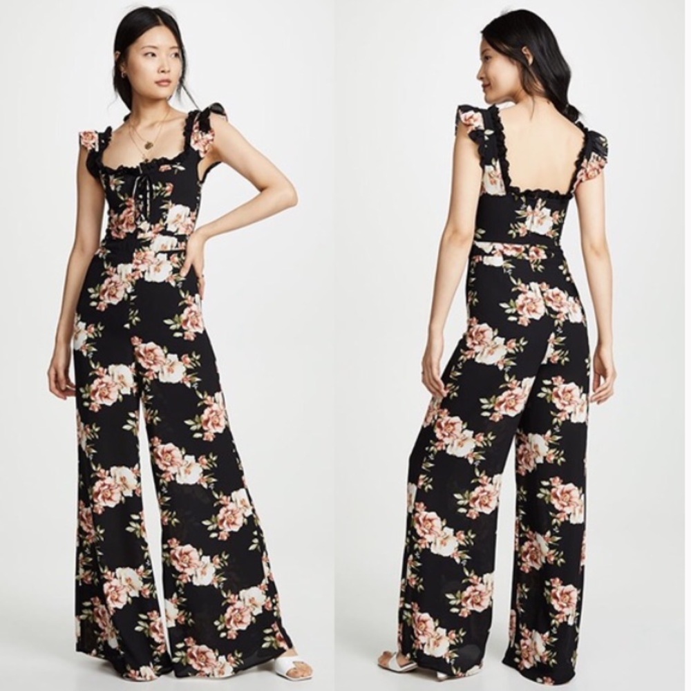 NEW LIKELY BLACK FLORAL PRINT RUFFLE JUMPSUIT